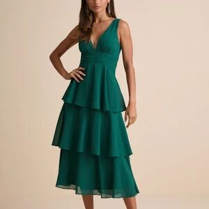 Lulus Celebration Time Emerald Green Sleeveless Tiered Midi Dress Medium